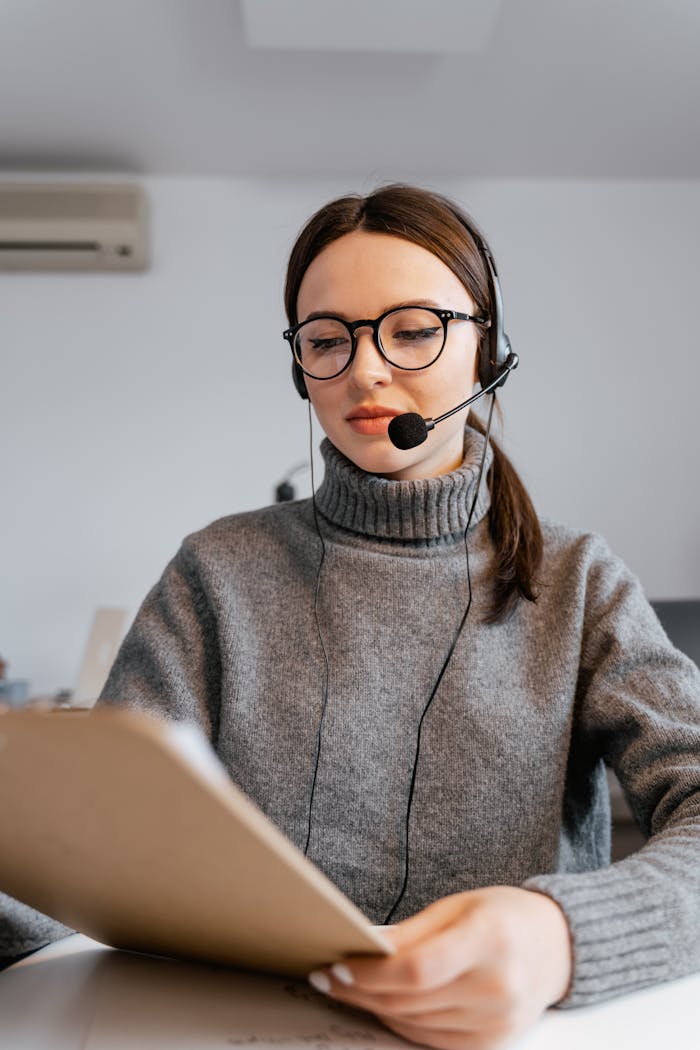 creative Professional woman in office with headset providing customer support.